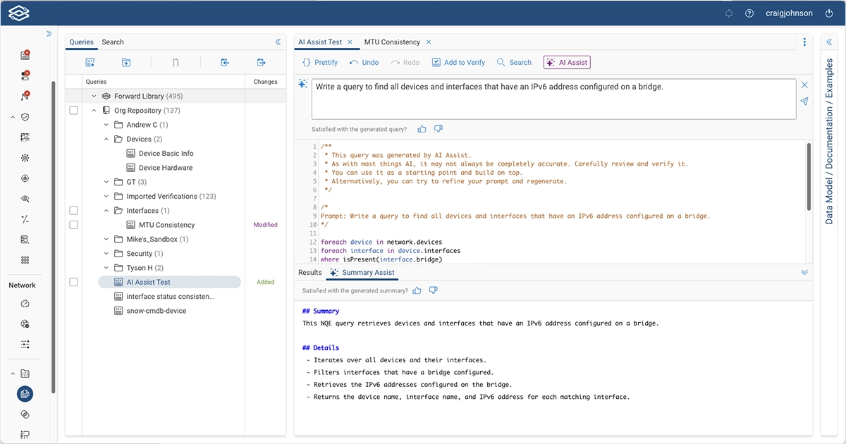 AI Assist Interface in Forward Networks App